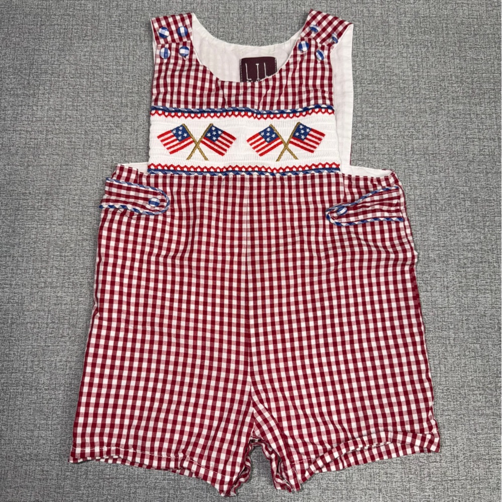 Classic Red Gingham Kids One-Piece with Flag Smocking